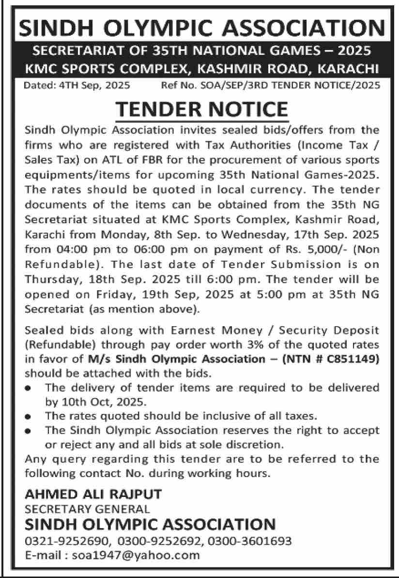 Sindh Olympic Association Karachi Tender Notice